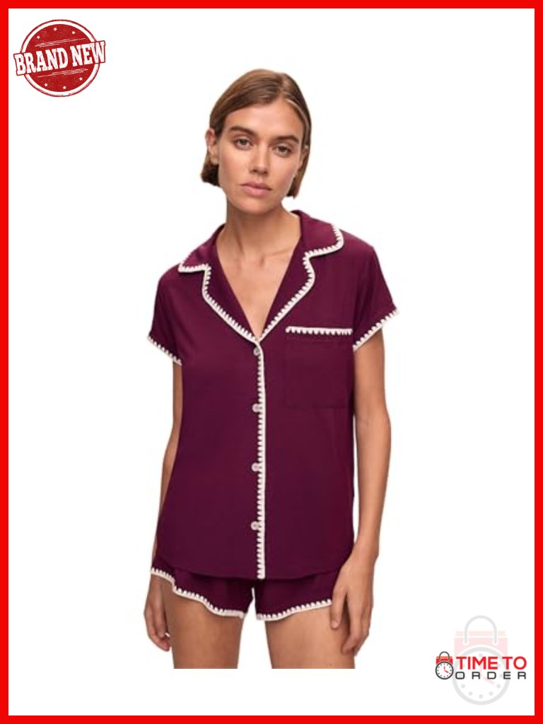 Women's Short Sleeve Pajama Set - Rayon Blend Slim Fit Button Down Top & Shorts